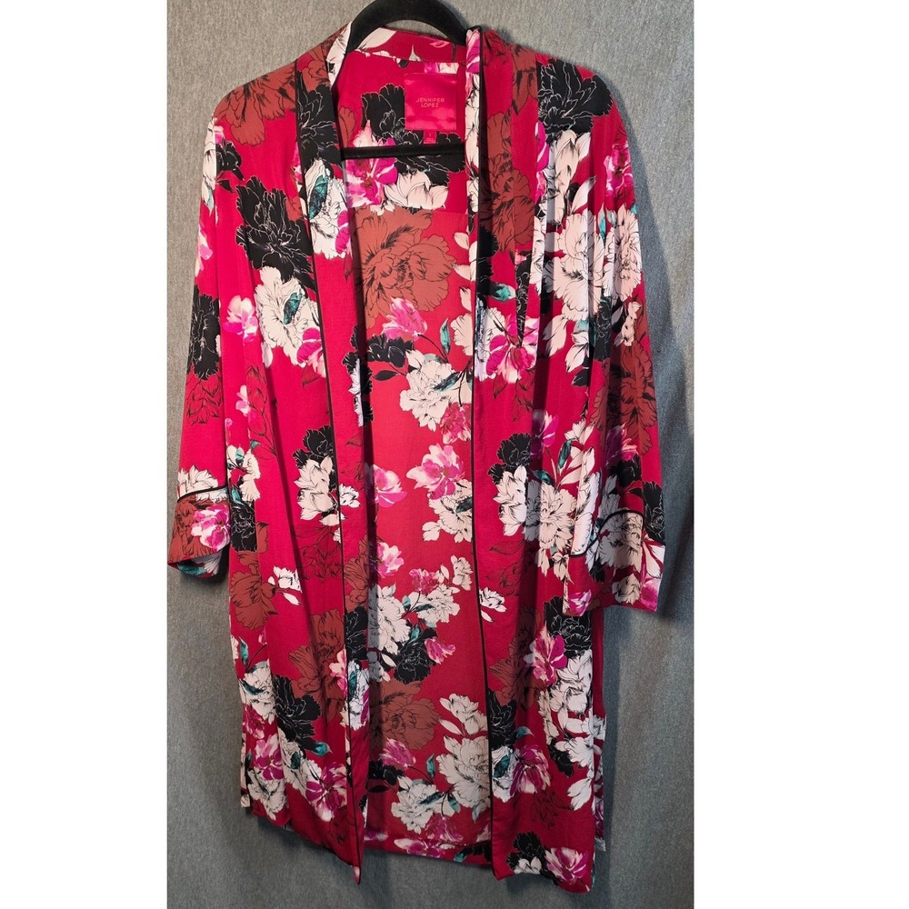 Jennifer Lopez Floral Duster Cardigan Cover‎ Small Red Pink Black Long Kimono